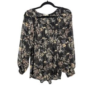 Pleione Size Small Navy Floral Blouse EUC Semi-Sheer Long Sleeves